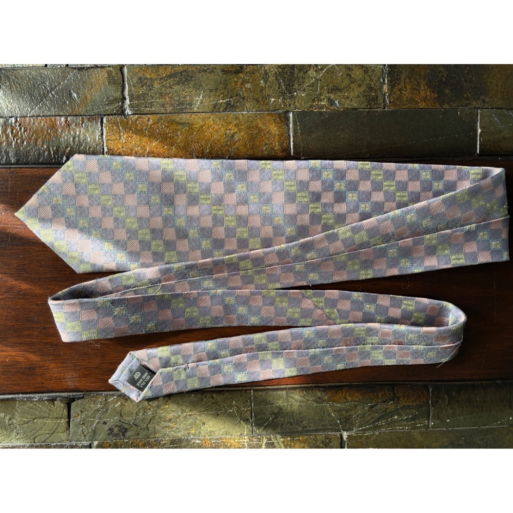Daniel De Fasson Mens‎ Silk Necktie Gray Pink Green Check Pattern Tie Vintage - Picture 7 of 13
